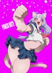  2020 5_fingers anthro blush bottomwear breasts clothing cute_fangs domestic_cat felid feline felis female fingers green_hair hair looking_at_viewer mammal pink_background pink_eyes school_uniform simple_background skirt smile solo solof teteteko thick_thighs thin_waist uniform 