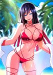  1girl bangs bare_shoulders bikini black_hair blue_eyes blue_sky breasts cleavage cloud collarbone commentary_request cowboy_shot day eyebrows_visible_through_hair gradient_hair groin hair_between_eyes kiyukiakisasa large_breasts looking_at_viewer marine_day midriff multi-strapped_bikini multicolored_hair navel ocean original palm_leaf parted_lips red_bikini red_hair sidelocks skindentation sky smile solo sparkle standing swimsuit thigh_strap towel 
