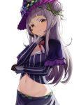  1girl absurdres bangs blush brown_gloves cleavage_cutout cowboy_shot crop_top gloves hair_bun hand_on_own_cheek hat_ornament head_tilt hexagram highres hololive kms3856 long_hair long_sleeves looking_at_viewer murasaki_shion navel parted_lips purple_capelet purple_headwear purple_skirt red_eyes side_bun sidelocks silver_hair skirt smile solo star_(symbol) star_hat_ornament stomach striped v-shaped_eyebrows vertical_stripes virtual_youtuber 