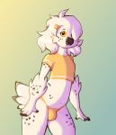  anthro avian bird bubo_(genus) bulge clothed clothing crop_top feathers girly male owl panties shirt snowy_owl solo topwear tototlfluff true_owl underwear white_body 