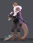  3:4 anthro ar-15 bulletproof_vest clothed clothing dragon dsixzey female fur gloves green_eyes gun hair handwear hi_res horn long_tail multicolored_body multicolored_fur ponytail ranged_weapon rifle scalie scarf simple_background smile solo topwear vest weapon white_hair 