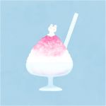  ayu_(mog) blue_background blush closed_eyes drinking_straw food ice_cream no_humans original signature simple_background smile sundae symbol_commentary 