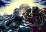  1boy 1girl arm_around_waist black_gloves black_hairband blonde_hair cape cloud corrin_(fire_emblem) corrin_(fire_emblem)_(female) couple diadem eye_contact fire_emblem fire_emblem_fates gloves hairband hetero holding_hands imminent_kiss long_hair looking_at_another pointy_ears red_cape red_eyes shinmanawa shiny shiny_hair silver_hair very_long_hair xander_(fire_emblem) yellow_eyes 