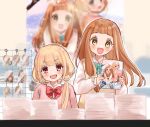  2girls :d aqua_bow aqua_neckwear bangs blonde_hair blush bow bowtie cat_hair_ornament character_request collar furrowed_eyebrows futaba_anzu hair_ornament holding idolmaster idolmaster_cinderella_girls long_hair long_sleeves looking_at_viewer multiple_girls open_mouth paper_stack pink_shirt poster rack rino_cnc school_uniform shirt smile twintails very_long_hair vest white_collar yellow_eyes yellow_vest 