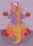  anthro bottomless brown_body brown_fur clothed clothing daniel_ottmaw digital_media_(artwork) fur grin hair happy hi_res hyaenid hybrid jacket lutrine male mammal mustelid ottmaw pawpads paws pink_hair red_body red_eyes red_fur shrug smile solo teeth topwear 