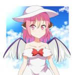  1girl animal_ears bangs bare_shoulders bird_wings blue_sky bow breasts cato_(monocatienus) cloud collarbone commentary_request dress eyebrows_visible_through_hair hair_between_eyes hat looking_at_viewer medium_breasts medium_hair mystia_lorelei pink_eyes pink_hair red_bow sky smile solo strapless strapless_dress sun_hat touhou white_dress white_headwear wings 