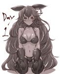  1girl animal_ears bangs bare_shoulders bikini blush choker collarbone earrings erune ferry_(granblue_fantasy) frilled_gloves frills gloves granblue_fantasy jewelry long_hair navel sepia solo souji@gaakura-chu spot_color swimsuit tearing_up thighhighs very_long_hair yellow_eyes 