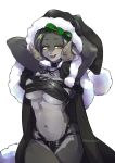  2019 anthro belt big_breasts black_body black_fur bovid breasts cape caprine clothing collar cute_fangs female fur goat hand_behind_head horn looking_at_viewer mammal navel simple_background smile solo teteteko white_background 