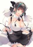  1girl animal_ears apron azur_lane bare_shoulders black_apron black_hair breasts cheshire_(azur_lane) cleavage commentary_request dermar detached_sleeves fake_animal_ears fang frilled_apron frilled_hairband frilled_headband frilled_ribbon frills garter_straps hairband highres large_breasts long_ribbon looking_at_viewer maid maid_dress maid_headdress multicolored_hair puffy_detached_sleeves puffy_sleeves ribbon signature simple_background skin_fang solo streaked_hair two-tone_hair white_background wrist_cuffs 