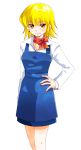  1girl alternate_costume apron bangs blonde_hair blue_apron blue_skirt blush bow cagalli_yula_athha closed_mouth collarbone gundam gundam_seed hair_between_eyes hand_on_hip long_sleeves looking_at_viewer maccha_(jam513) miniskirt orange_eyes red_bow red_neckwear shiny shiny_hair shirt short_hair simple_background skirt smile solo standing white_background white_shirt 