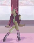  boots clothing cloudy colored_nails dock footwear girly hi_res jacket leather leather_jacket legwear lizard looking_at_viewer male nails open_mouth punk_hair reptile scalie sea sitting socks topwear water 