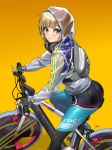  1girl ass back bicycle bike_jersey black_gloves blonde_hair blush clothes_writing fingerless_gloves from_side gloves gradient gradient_background ground_vehicle hair_ornament hairclip headphones headphones_around_neck highres hood hood_up long_sleeves looking_at_viewer looking_to_the_side masin0201 orange_background original parted_lips purple_eyes see-through short_hair signature sitting skin_tight smile solo 