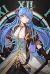  1girl absurdres alternate_costume arknights ascter bangs black_gloves blue_eyes blue_hair commentary cowboy_shot dress eyebrows_visible_through_hair gloves halo highres holding horns long_hair looking_at_viewer mostima_(arknights) parted_lips roman_numerals solo very_long_hair white_dress 