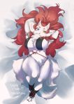  2017 anthro big_breasts blue_eyes blush breasts chest_tuft female fur hair heterochromia horn naturally_censored nipple_outline red_hair solo species_request teteteko thick_thighs tuft white_body white_fur 