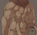  2019 anthro back_muscles biceps biped blood bodily_fluids brown_body brown_fur brown_mane brown_tail butt claw_marks digital_media_(artwork) faceless_male felid fingers fur giraffe_(artist) grey_background lion lion-san male mammal mane muscular muscular_anthro muscular_male nude pantherine rear_view restricted_palette scar simple_background solo standing tail_tuft tuft 