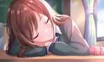  1girl alisia0812 bangs blush brown_hair classroom closed_eyes closed_mouth commentary_request curtains desk head_rest highres idolmaster idolmaster_shiny_colors indoors long_hair oosaki_amana pencil_case school_desk sleeping smile solo swept_bangs upper_body zipper zipper_pull_tab 