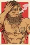  2020 5_fingers abs anthro athletic athletic_anthro athletic_male beastars brown_body brown_fur cigarette colored eyewear felid fingers fur glasses hair hi_res humanoid_hands ibuki_(beastars) japanese_text lion male mammal mane mane_hair mitsuyaaaa muscular muscular_male pantherine smoke smoking solo tattoo text translation_request 