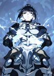  1girl absurdres armor bangs black_eyes black_hair blunt_bangs character_request closed_mouth dated electricity highres maid_headdress overlord_(maruyama) puffy_sleeves seyana short_hair signature solo 