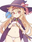  ass_visible_through_thighs bikini black_cloak black_headwear blonde_hair breasts cameltoe cloak gloves grey_background groin hairband hat hat_ribbon little_witch_nobeta long_hair micro_bikini mou_tama_maru navel nobeta open_mouth red_eyes ribbon simple_background small_breasts swimsuit thighs wand weapon white_bikini white_gloves witch_hat 
