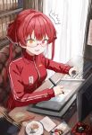  1girl alternate_costume bespectacled bookshelf breasts commentary drawing glasses heterochromia highres hololive houshou_marine looking_at_viewer nu_(naoyahirota61217010) open_mouth red_hair solo surprised table virtual_youtuber window 