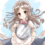  1girl :o apron blue_dress blue_ribbon blush bow bowtie brown_hair dress frilled_apron frills highres holding holding_to_chest holding_tray idolmaster idolmaster_cinderella_girls long_hair looking_at_viewer maid_headdress open_mouth pink_bow ribbon rino_cnc shiny shiny_hair solo tachibana_arisu tray white_apron white_headdress 