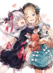  2girls :d black_bow black_dress blue_bow blue_dress blue_eyes blush bow character_request closed_eyes cowboy_shot dress eyebrows_visible_through_hair fate/grand_order fate_(series) gloves grey_hair hair_bow head_tilt heart highres holding_toy hug lavinia_whateley_(fate/grand_order) looking_at_viewer multiple_girls one_eye_closed open_mouth red_bow smile standing striped striped_bow stuffed_animal stuffed_toy teddy_bear waltz_(tram) white_bow white_gloves 