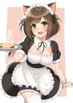 1girl absurdres animal_ears apron bangs black_dress black_ribbon blush breasts brown_eyes brown_hair cat_ears cherry_tomato cleavage commentary dress eyebrows_visible_through_hair fang food frilled_apron frilled_dress frills green_eyes hair_ornament highres holding holding_tray idolmaster idolmaster_cinderella_girls idolmaster_cinderella_girls_starlight_stage kurisu-kun looking_at_viewer maekawa_miku maid maid_apron maid_dress maid_headdress neck_ribbon open_mouth pink_background ribbon short_hair short_sleeves smile solo thighhighs tomato tray two-tone_background white_background white_dress white_legwear wrist_cuffs 