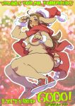 2018 anthro blush breasts brown_hair buckteeth christmas clothing female footwear hair holidays lagomorph leporid looking_at_viewer mammal navel open_mouth rabbit shoes simple_background slightly_chubby solo surprise teeth teteteko thick_thighs 