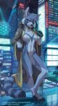  2020 5_fingers 5_toes anthro areola black_body black_fur breasts digital_media_(artwork) digitigrade featureless_crotch female fingers fur grey_body grey_fur hi_res mammal melloque nipples procyonid raccoon solo toes 