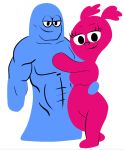  abs berry_(fhif) black_eyes bloo_(foster&#039;s) blue_body breasts cartoon_network duo eyelashes featureless_breasts female foster&#039;s_home_for_imaginary_friends humanoid imaginary_friend looking_at_viewer male muscular muscular_male pecs pink_body simple_background smug_face unknown_artist white_background 