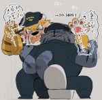  2020 anthro bathroom black_nose blush bottomwear clothed clothing duo felid hat headgear headwear hyaku_(artist) japanese_text kemono male mammal muscular muscular_male pantherine pants police shirt sitting text tiger topwear 