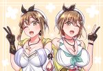  1girl 2girls ;d atelier_(series) atelier_ryza atelier_ryza_2 bare_shoulders braid breasts brown_eyes brown_gloves brown_hair dual_persona french_braid gloves jacket jewelry key key_necklace large_breasts leather leather_gloves looking_at_viewer mabo-udon mirrored multiple_girls necklace older one_eye_closed open_mouth partly_fingerless_gloves reisalin_stout self_shot single_glove sleeveless sleeveless_jacket smile star_(symbol) star_necklace time_paradox upper_body v yellow_jacket 