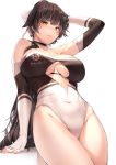  1girl arm_support azur_lane bangs bare_shoulders black_hair blush bow breasts brown_eyes cleavage closed_mouth covered_navel covered_nipples elbow_gloves fingerless_gloves gloves hair_bow hair_flaps hand_in_hair hand_up highres large_breasts leaning_back long_hair looking_at_viewer maki_tatsuki ponytail race_queen simple_background solo standing takao_(azur_lane) takao_(full_throttle_charmer)_(azur_lane) thighs unitard very_long_hair white_background white_bow 