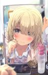  1girl bangs blonde_hair blush bob_cut brown_eyes cellphone closed_mouth eyebrows eyebrows_visible_through_hair hair_over_one_eye highres long_sleeves mirror ogipote original phone reflection sleeves_past_wrists solo wet wet_hair 