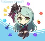  1girl aqua_background aqua_hair bang_dream! bangs black_legwear blush bow character_name collarbone commentary_request dress earrings electric_guitar eyebrows_visible_through_hair feathers floral_background flower food french_fries full_body green_eyes guitar hair_between_eyes hair_feathers hair_flower hair_ornament hand_on_hip hand_on_own_chest highres hikawa_sayo instrument jewelry layered_dress long_hair looking_at_viewer notice_lines ribbon short_sleeves sidelocks simple_background smile solo standing swept_bangs teen_(teen629) thighhighs two-tone_dress white_background zettai_ryouiki 