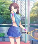  1girl ball bang_dream! bangs basket bench black_hair blue_shirt blue_skirt blue_sky blush bottle breasts building chain-link_fence closed_mouth cloud coma_(light825) commentary cowboy_shot day drying eyebrows_visible_through_hair fence grey_eyes hair_between_eyes hair_ornament hairclip highres holding_racket medium_breasts medium_hair navel okusawa_misaki outdoors pleated_skirt racket shadow shirt short_sleeves sidelocks skirt sky solo sportswear standing sweat sweatband tennis_ball tennis_court tennis_racket tennis_uniform tree water_bottle 