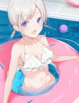  1girl :d ball banned_artist bare_arms bare_shoulders bikini blue_eyes breasts collarbone hair_ornament hairclip halter_top halterneck highres ikomochi innertube long_hair looking_at_viewer low_twintails medium_breasts navel open_mouth original pool side-tie_bikini sidelocks silver_hair smile solo stomach string_bikini swimsuit twintails water wet white_bikini x_hair_ornament 