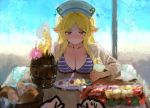  1girl basket blonde_hair blush bread breast_rest breasts cleavage clenched_hand elf food fork indoors lobster long_hair looking_at_viewer plate pointy_ears princess_connect! princess_connect!_re:dive purple_eyes sitting sketch sonchi striped sweat table white_headwear window yukari_(princess_connect!) 