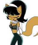  absurd_res anthro aunt_maire black_hair bra breasts cleavage clothed clothing clothing_lift domestic_cat eyes_closed felid feline felis female fur hair hi_res kitty_katswell mammal nickelodeon shirt shirt_lift simple_background solo t.u.f.f._puppy tan_body tan_fur topwear underwear white_background 