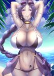  1girl alternate_hairstyle beach bikini blue_sky braid braided_ponytail breasts choker cleavage cloud earrings eyewear_on_head fate/grand_order fate_(series) gold_choker heart heart_tattoo highres huge_breasts jewelry long_hair minamoto_no_raikou_(fate/grand_order) mismatched_earrings navel navel_piercing necklace o-ring o-ring_bikini ocean palm_tree piercing ponytail purple_eyes purple_hair shiroshisu sky smile stomach_tattoo sunglasses swimsuit tattoo tree very_long_hair 