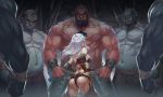  1girl 5boys armor ass bald bandages bare_shoulders beard black_hair blue_skin bracelet cave chest_hair clenched_hand detached_sleeves facial_hair holding holding_weapon horns jewelry long_hair looking_down looking_up multiple_boys muscle navel ogre oni oni_horns original outdoors pointy_ears red_hair red_skin scabbard sharp_teeth sheath single_horn size_difference slit_pupils teeth tusks unsheathing vambraces veins weapon white_hair yan_(situyan0303) 