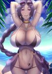  1girl alternate_hairstyle beach bikini blue_sky braid braided_ponytail breasts choker cleavage cloud earrings eyewear_on_head fate/grand_order fate_(series) gold_choker heart heart_tattoo highres huge_breasts jewelry long_hair minamoto_no_raikou_(fate/grand_order) mismatched_earrings navel navel_piercing necklace o-ring o-ring_bikini ocean palm_tree piercing ponytail purple_eyes purple_hair shiroshisu sky smile stomach_tattoo sunglasses swimsuit tan tattoo tree very_long_hair 