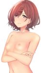  1girl amai_nekuta blush breasts brown_hair clenched_teeth collarbone crossed_arms hair_ornament hairclip highres higuchi_madoka idolmaster idolmaster_shiny_colors looking_at_viewer mole mole_under_eye navel nipples parted_lips purple_eyes short_hair simple_background small_breasts solo stomach teeth upper_body v-shaped_eyebrows white_background 