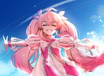  1girl ^_^ ahoge blue_ribbon blue_sky blush closed_eyes cloud commentary_request day dress elsword facing_viewer grin hair_ribbon highres laby_(elsword) long_hair long_sleeves outdoors outstretched_arms pink_hair puffy_long_sleeves puffy_sleeves ribbon see-through see-through_sleeves signature sky smile solo spread_arms twintails very_long_hair white_dress xes_(xes_5377) 