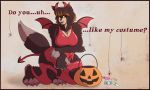  2019 anthro breasts brown_body brown_fur candy canid canid_demon clothing colored_nails demon dialogue female food fruit fur halloween hi_res holidays horn mammal membrane_(anatomy) membranous_wings nails pink_nails plant pumpkin red_eyes sharkrags smile solo torn_clothing transformation wings 