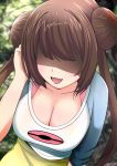  1girl breasts brown_hair cleavage double_bun hair_over_eyes highres large_breasts mei_(pokemon) morozumi_(ratexizuki) open_mouth outdoors pokemon shirt sidelocks twintails 