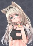  2018 absurd_res animal_humanoid bell bell_collar blonde_hair blush breasts cleavage clothed clothing collar eyebrow_through_hair eyebrows felid felid_humanoid female green_eyes hair hi_res hiromaster_sinta_jh humanoid looking_at_viewer mammal mammal_humanoid sad simple_background solo translucent translucent_hair 