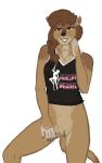  anthro bottomless brown_eyes brown_hair chest_tuft clothed clothing english_text female fur genitals hair logo_parody looking_at_viewer mammal multicolored_body multicolored_fur mustela mustelid musteline ponytail pussy shirt simple_background smiling_at_viewer solo style_wager tank_top text topwear translucent translucent_clothing tuft white_background 