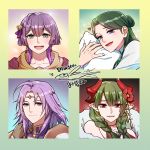  2boys 2girls ahoge armor bangs bare_shoulders bernadetta_von_varley blue_eyes blunt_bangs blush braid character_request choker circlet closed_mouth collarbone commentary_request copyright_request drawingddoom dress earrings eyebrows_visible_through_hair eyes_visible_through_hair fire_emblem fire_emblem:_three_houses fish flower green_hair grey_eyes hair_between_eyes hair_bun hair_flower hair_ornament heart horns jewelry linhardt_von_hevring long_hair looking_at_viewer medium_hair multiple_boys multiple_girls necklace open_mouth pillow pointy_ears portrait purple_eyes purple_hair red_eyes smile teeth tongue translation_request watermark 
