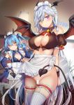  2girls :o apron apron_lift artist_name bar_censor bare_shoulders black_wings blue_legwear blush braid breasts bridal_gauntlets brown_vest censored cleavage cleavage_cutout closed_mouth copyright_request covered_nipples dated demon_girl demon_horns demon_tail demon_wings detached_sleeves frilled_apron frills frown gem groin hand_on_hip head_wings heterochromia highres holding holding_tray horns large_breasts leg_garter lifted_by_self long_hair looking_at_viewer maid_headdress multiple_girls no_panties parted_lips pointy_ears puffy_short_sleeves puffy_sleeves purple_eyes shibi short_sleeves silver_hair small_breasts straight_hair striped striped_legwear tail thighhighs tray twin_braids two_side_up v-shaped_eyebrows vertical-striped_legwear vertical_stripes very_long_hair vest waist_apron waitress white_apron white_legwear wings wrist_cuffs yellow_eyes 
